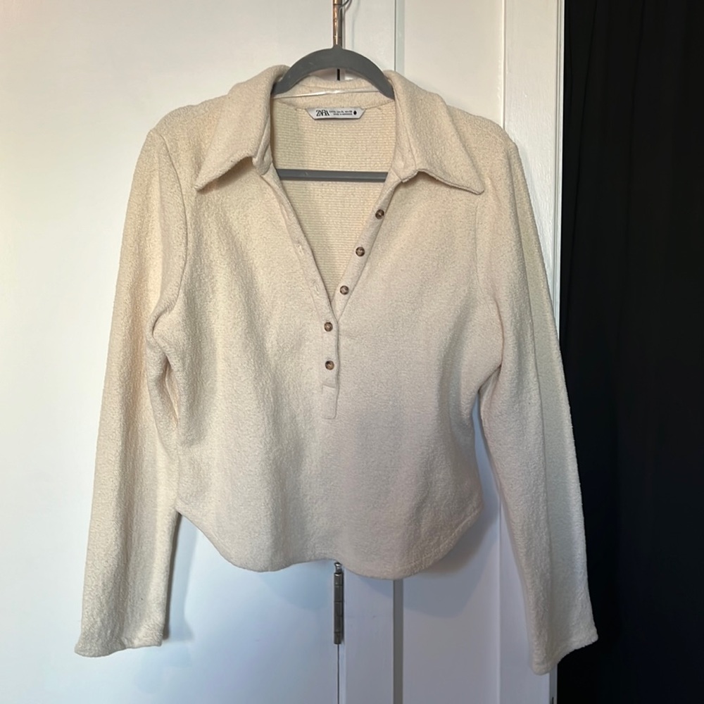 Zara Cream Knitwear Button Up Pullover Collared Sweater — Size XL